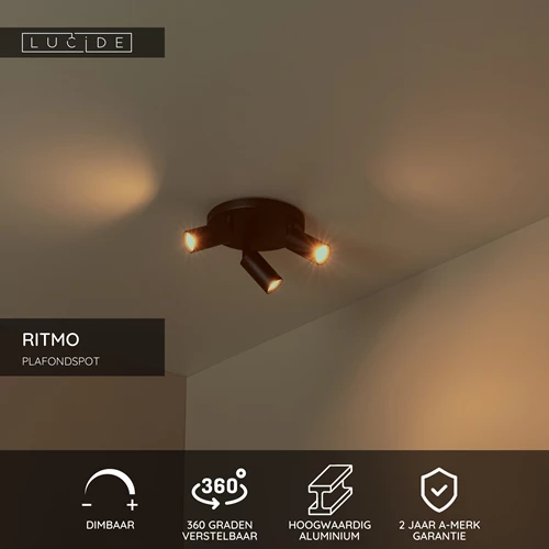 Lucide RITMO - Plafondspot - Ø 18 cm - 3xGU10 (MR11) - Zwart - USP